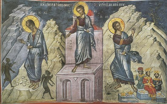 скушения Христа в пустыне. Фреска афонского монастыря Дионисиат